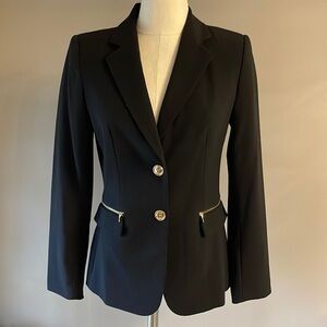 Calvin Klein women’s black blazer with 2 gold button closure gold zip pockets 4